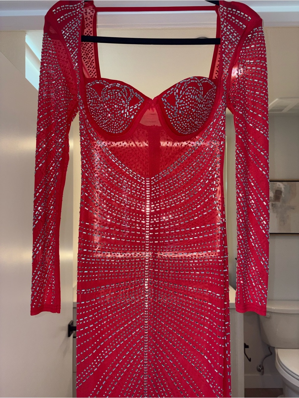 Macy's Red Long Sleeve Sequin Mesh Gown with Sculpted Bust - Picture 5 of 13